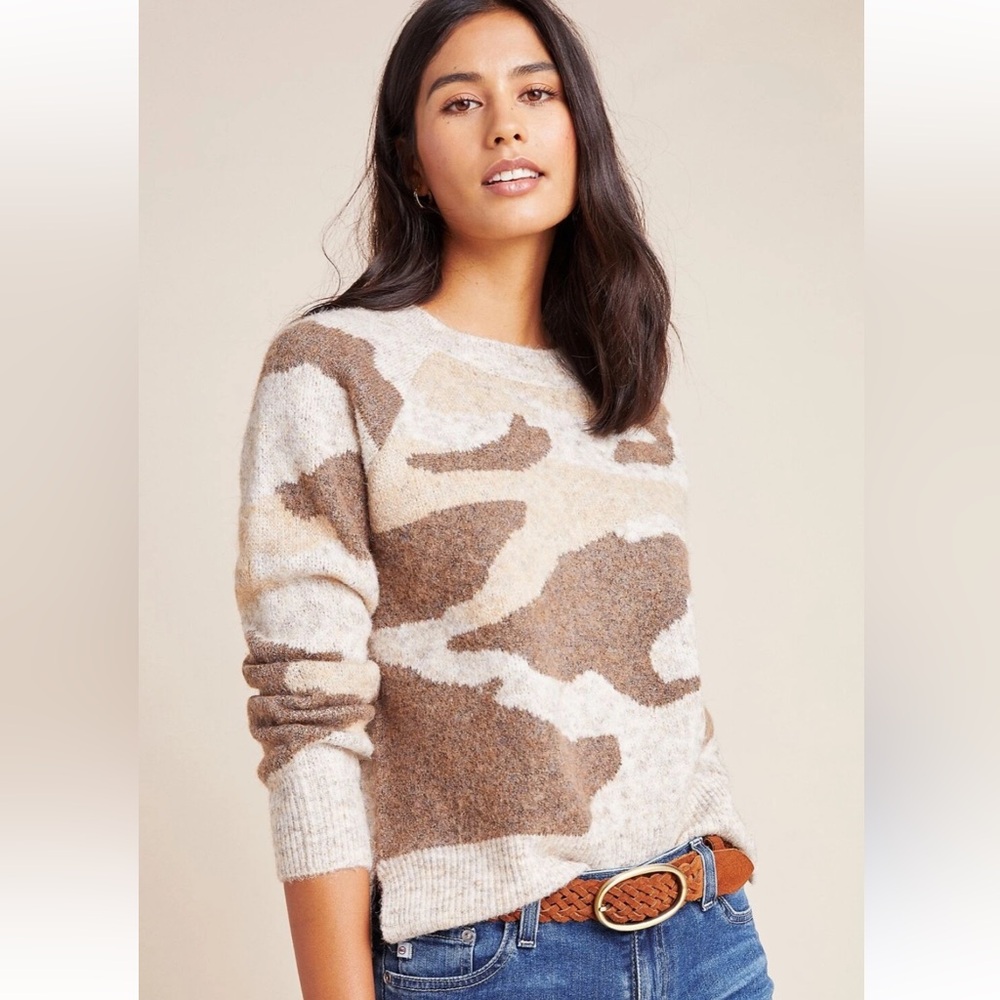 Anthropologie Moth Marjorie Camo Print Comfy Pullover Knit Sweater Neutral M